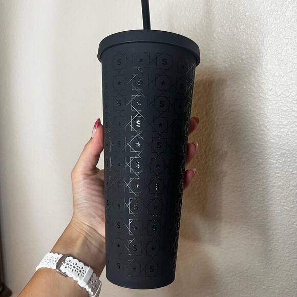 NEW Starbucks 2017 Cold Cup Tumbler 24 OZ Venti Matte Black Star S Pattern - Picture 2 of 6